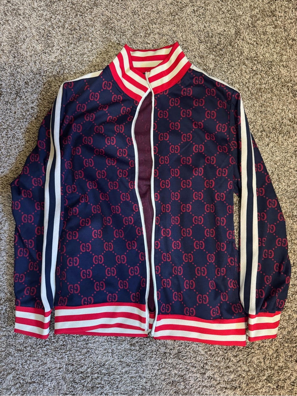 Gucci Navy Blue and Red Monogram Track Jacket - Size Medium
